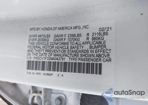 2021 Honda Accord Sport from USA, damaged, VIN 1HGCV1F32MA042791